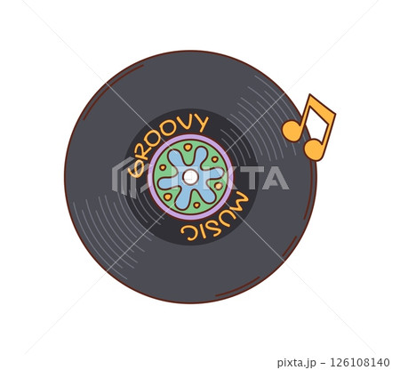 Cartoon groovy vinyl record with label and musical note. Vector retro disc, classic audio device symbolizing nostalgic music vibes, analog sound, funky energy, and vintage rhythm for y2k disco parties 126108140