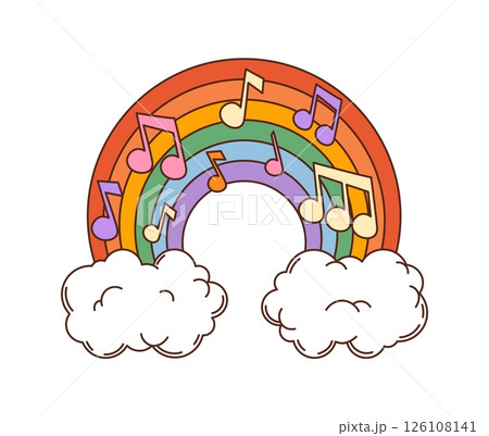 Cartoon groovy rainbow with musical notes and clouds. Isolated vector funky, retro hippie vibrant heavenly arch evoking musical and magic vibes of the 60s and 70s. Symbol of joy, spring or wonder 126108141