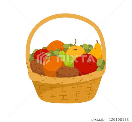 Cartoon wicker basket brimming with ripe fresh fruits like apples, pears, oranges, kiwis, and grapes, symbolizing abundance, harvest and healthy natural produce in farming, gardening and agriculture 126108158