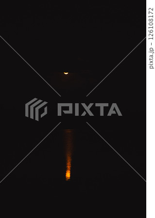 travel and people activity concept with night sky with reflection of moon on lake 126108172