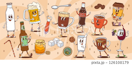 Cartoon retro groovy drink and beverage characters. Cute hippie psychedelic coffee, milk and tea cups vector personages. Funny groovy bottles and glasses of beer, milk, wine and soda drink characters Cartoon retro groovy drink and beverage characters. Cute hippie psychedelic coffee, milk and tea cups vector personages. Funny groovy bottles and glasses of beer, milk, wine and soda drink characters 126108179