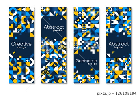 Abstract banners with modern geometric pattern. Business card vertical backgrounds. Vector vintage art layouts or cover templates with bold colors and elements as circles, triangles, dots and squares Abstract banners with modern geometric pattern. Business card vertical backgrounds. Vector vintage art layouts or cover templates with bold colors and elements as circles, triangles, dots and squares 126108194