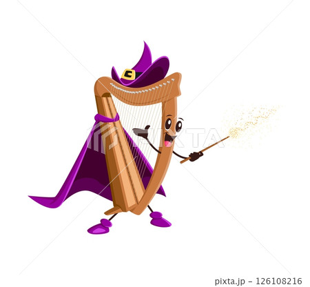 Cartoon harp Halloween mage and wizard musical instrument character. Isolated vector plucked stringed magician personage casting musical spell for classical or folk or the orchestral concert event Cartoon harp Halloween mage and wizard musical instrument character. Isolated vector plucked stringed magician personage casting musical spell for classical or folk or the orchestral concert event 126108216