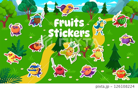 Superhero fruit characters stickers pack. Cartoon vector pineapple, banana, watermelon, pear or apple. Orange, peach, plum or pomegranate with lemon super hero personages with weapons, capes and masks Superhero fruit characters stickers pack. Cartoon vector pineapple, banana, watermelon, pear or apple. Orange, peach, plum or pomegranate with lemon super hero personages with weapons, capes and masks 126108224