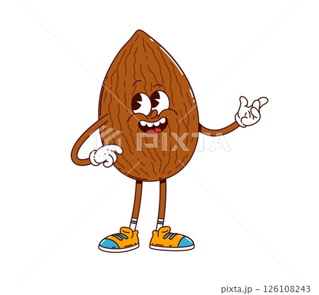 Cartoon groovy hazelnut nut character in retro sneakers joyfully smiling showcasing funky and upbeat y2k vibe. Isolated vector playful and healthy y2k food personage spread happiness and hippie energy 126108243