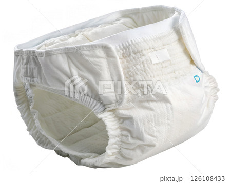 Single White Diaper with Elastic Bands and Size Indicator isolated on white background 126108433