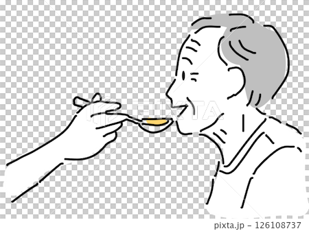 笑顔で食事介助を受ける高齢者シンプル線画 126108737
