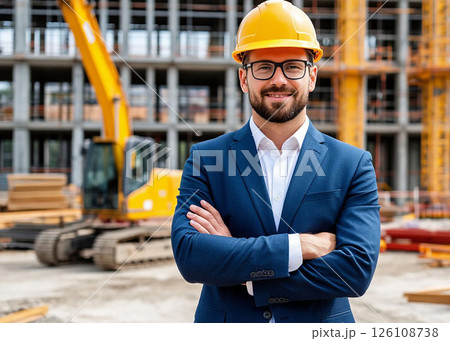 businessman in protective helmet with arms crossed 126108738