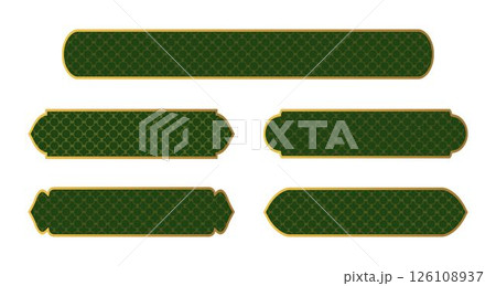 Collection luxury golden arabic islamic text boxs title frame border set with ornamental illustration. Islamic window, arche. Golden green web button. Luxury islamic label. Infographic design element. 126108937