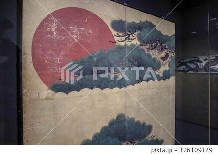 March 24 2025 Traditional Japanese Artwork Featuring a Red Sun, Japan 126109129