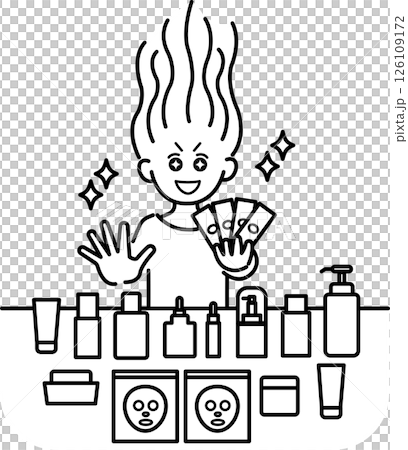 化粧品にお金を注ぎ込む女性のイラスト　線画のみ 126109172