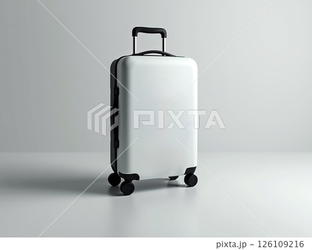 Compact suitcase with wheels ready for travel on a minimalist background 126109216