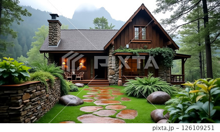 Cozy wooden cottage surrounded by lush greenery and stone pathways in a serene mountainous setting 126109251
