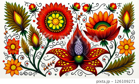 Vibrant floral artwork featuring colorful flowers and intricate designs on a white background Vibrant floral artwork featuring colorful flowers and intricate designs on a white background 126109271