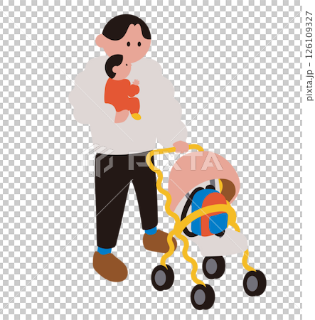 一位父親抱著嬰兒，推著嬰兒車 126109327