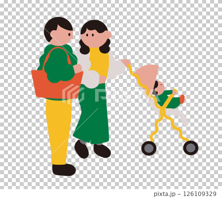 Family pushing a stroller and walking Family pushing a stroller and walking 126109329