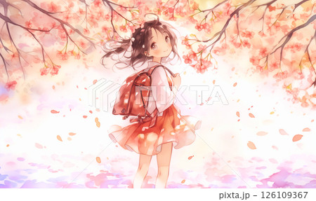桜咲く中風に髪を靡かせる女の子 126109367