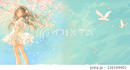 桜咲く中風に髪を靡かせる女の子 126109401