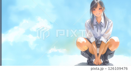 しゃがんでこちらの様子を伺う女の子 126109476