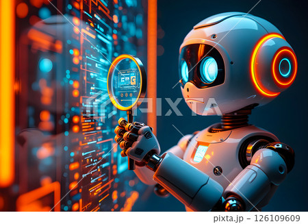 Robot examines digital data with a magnifying glass in a futuristic environment filled with glowing screens 126109609