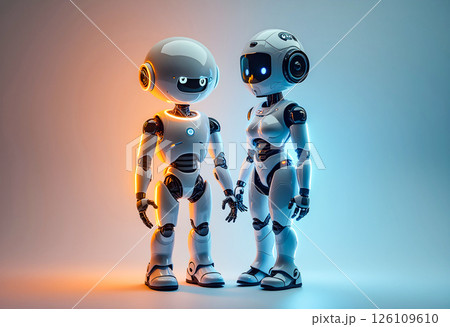 Robots interact with glowing features in a futuristic setting during a technology showcase 126109610