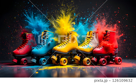 Colorful roller skates with vibrant powder explosion display during creative event 126109632