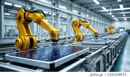 Advanced robotic arms assemble solar panels in a modern manufacturing facility 126109635