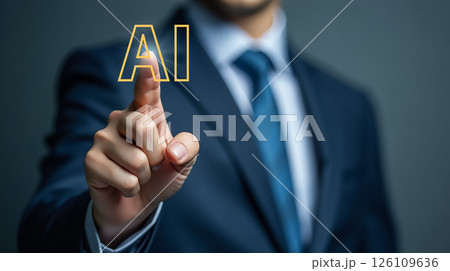 Business professional interacts with artificial intelligence concept in modern office setting 126109636