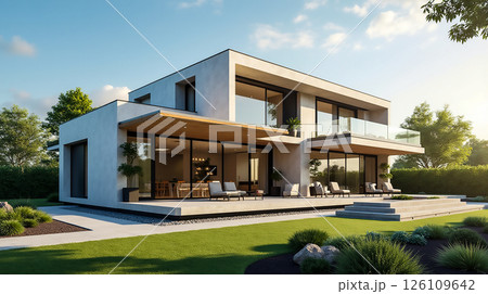 Modern two-story house with large windows and open patio surrounded by greenery during daytime 126109642