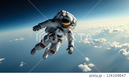 Astronaut gliding through the vastness of space above the Earth during a spacewalk in low Earth orbit Astronaut gliding through the vastness of space above the Earth during a spacewalk in low Earth orbit 126109647
