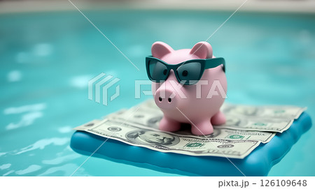 Piggy bank wearing sunglasses floats on dollar bills in a swimming pool during a sunny day Piggy bank wearing sunglasses floats on dollar bills in a swimming pool during a sunny day 126109648