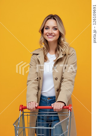 Smiling woman with shopping cart in casual outfit against bright yellow background Smiling woman with shopping cart in casual outfit against bright yellow background 126109691
