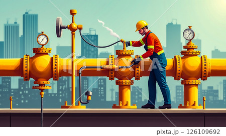 Worker inspects bright yellow pipeline system against urban skyline in busy city 126109692