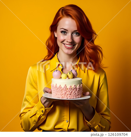 Cheerful woman holds a festive cake against a bright yellow background in a lively celebration moment 126109704