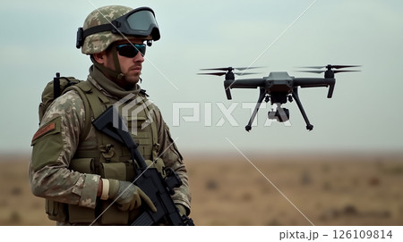Soldier conducts drone surveillance in desert landscape during military operation in daylight 126109814