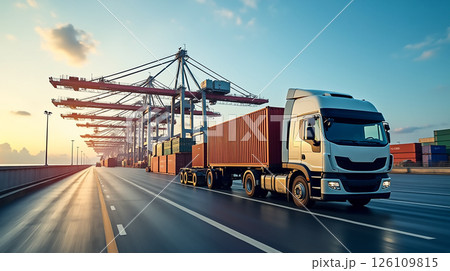 Busy freight truck transporting goods at a bustling shipping port during sunrise 126109815