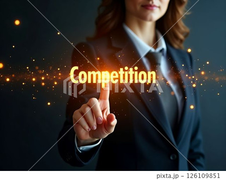Professional woman highlighting the concept of competition in a corporate setting with glowing text effect Professional woman highlighting the concept of competition in a corporate setting with glowing text effect 126109851