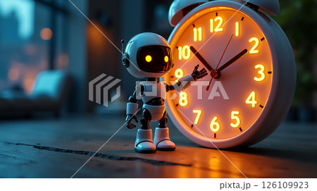 Robot interacts with glowing clock in a modern indoor setting during evening hours Robot interacts with glowing clock in a modern indoor setting during evening hours 126109923