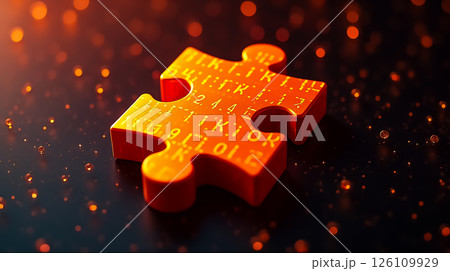 Bright orange puzzle piece with glowing numbers on dark surface creates a striking visual contrast in a surreal setting 126109929