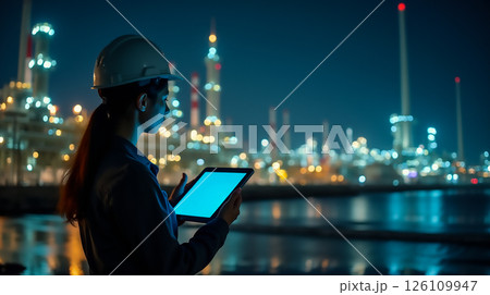 Nighttime operations at an industrial facility with a female engineer using a tablet for monitoring activities Nighttime operations at an industrial facility with a female engineer using a tablet for monitoring activities 126109947