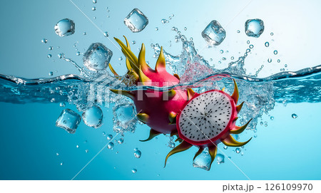 Fresh dragon fruit splashes into water among ice cubes creating a vibrant underwater scene Fresh dragon fruit splashes into water among ice cubes creating a vibrant underwater scene 126109970