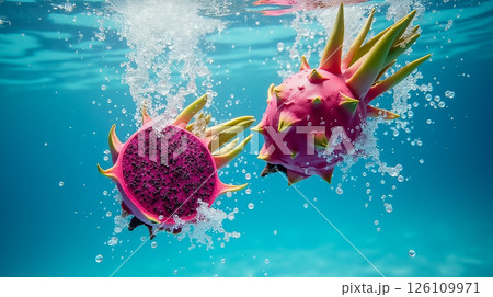 Colorful dragon fruits submerged underwater creating beautiful bubbles in a tropical setting 126109971