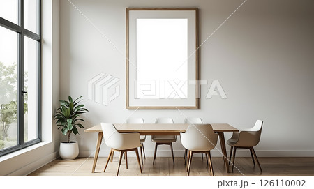 Modern dining room featuring a minimalist design with a large blank frame and abundant natural light in a serene setting 126110002