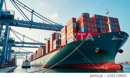 Large cargo ship docked at port with colorful containers during bright daylight under clear blue sky Large cargo ship docked at port with colorful containers during bright daylight under clear blue sky 126110003