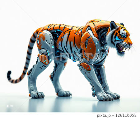 Futuristic robotic tiger with metallic features and vibrant orange patterns in a sleek environment Futuristic robotic tiger with metallic features and vibrant orange patterns in a sleek environment 126110055
