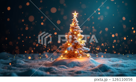 Beautifully decorated Christmas tree with warm lights glowing in a snowy landscape at night Beautifully decorated Christmas tree with warm lights glowing in a snowy landscape at night 126110056