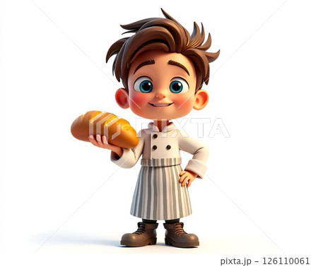 Young chef character holding a loaf of bread in a cheerful pose, showcasing culinary joy in a cartoon style 126110061