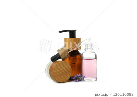 PNG,Lavender oil in bottles with lavender flowers, isolated on white background 126110088