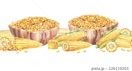 Cobs and kernels of corn, golden maize in wooden bowl seamless border. Dishes with Yellow pieces of corncobs, whole and cut cobs. Watercolor painted food pattern illustration Isolated from background Cobs and kernels of corn, golden maize in wooden bowl seamless border. Dishes with Yellow pieces of corncobs, whole and cut cobs. Watercolor painted food pattern illustration Isolated from background 126110203