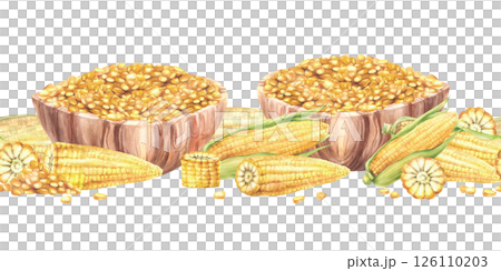 Cobs and kernels of corn, golden maize in wooden bowl seamless border. Dishes with Yellow pieces of corncobs, whole and cut cobs. Watercolor painted food pattern illustration Isolated from background 126110203